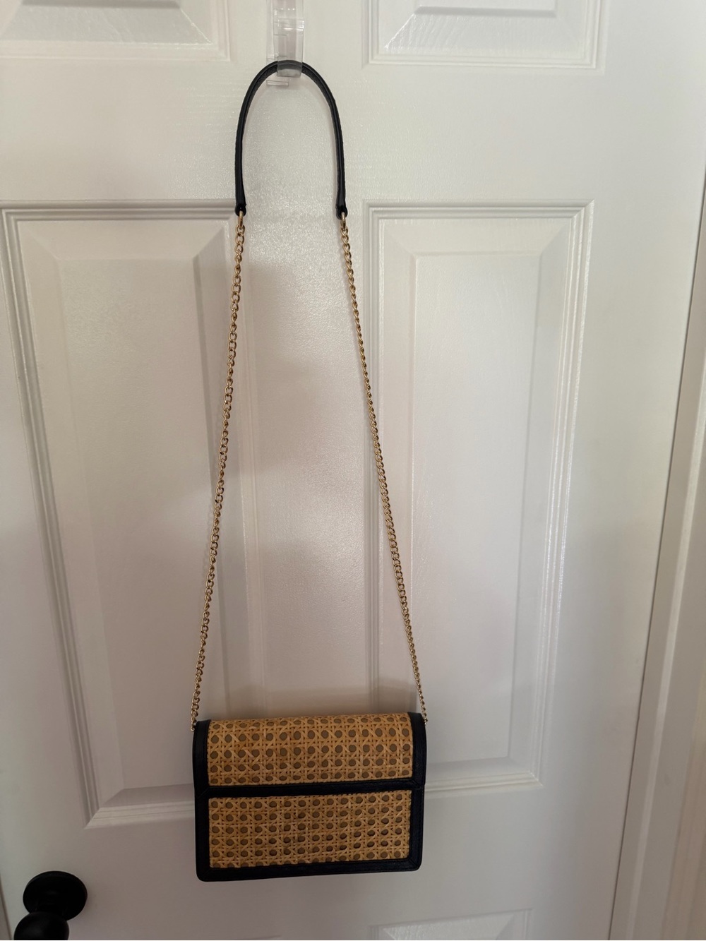 Woven Rattan Crossbody Bag with Blue Trim and Gold Chain